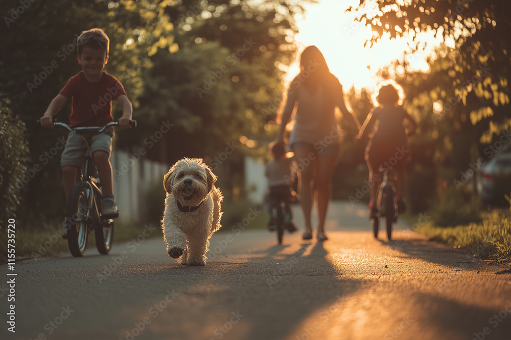 Family walking with a dog