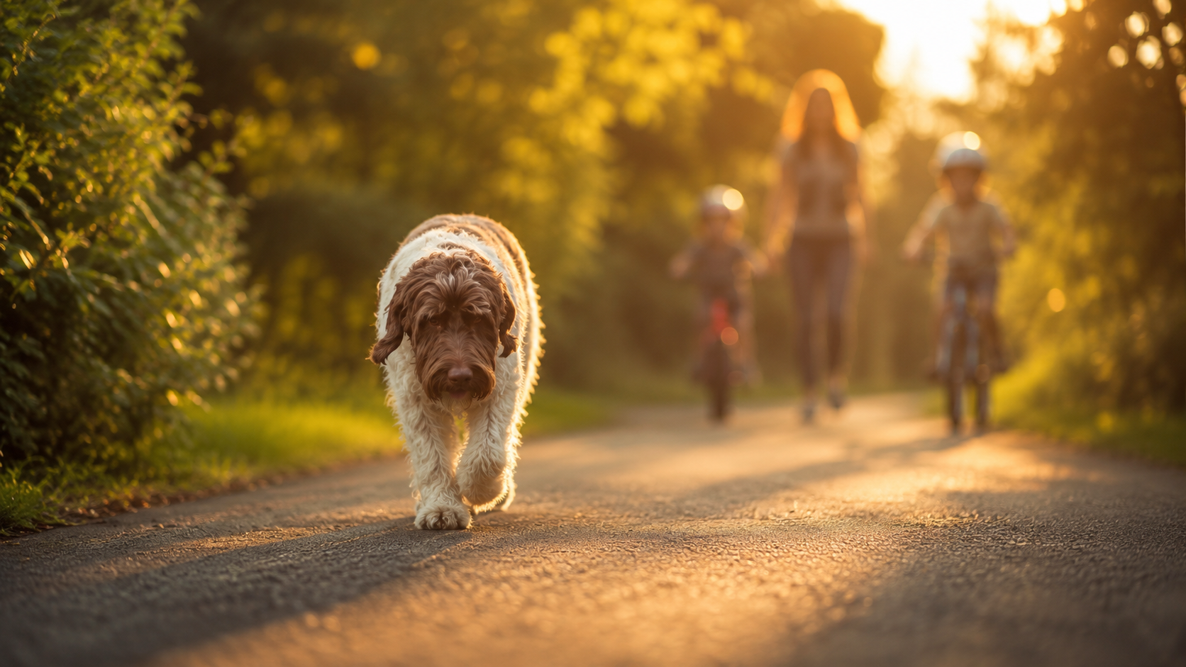 Family walking with a dog